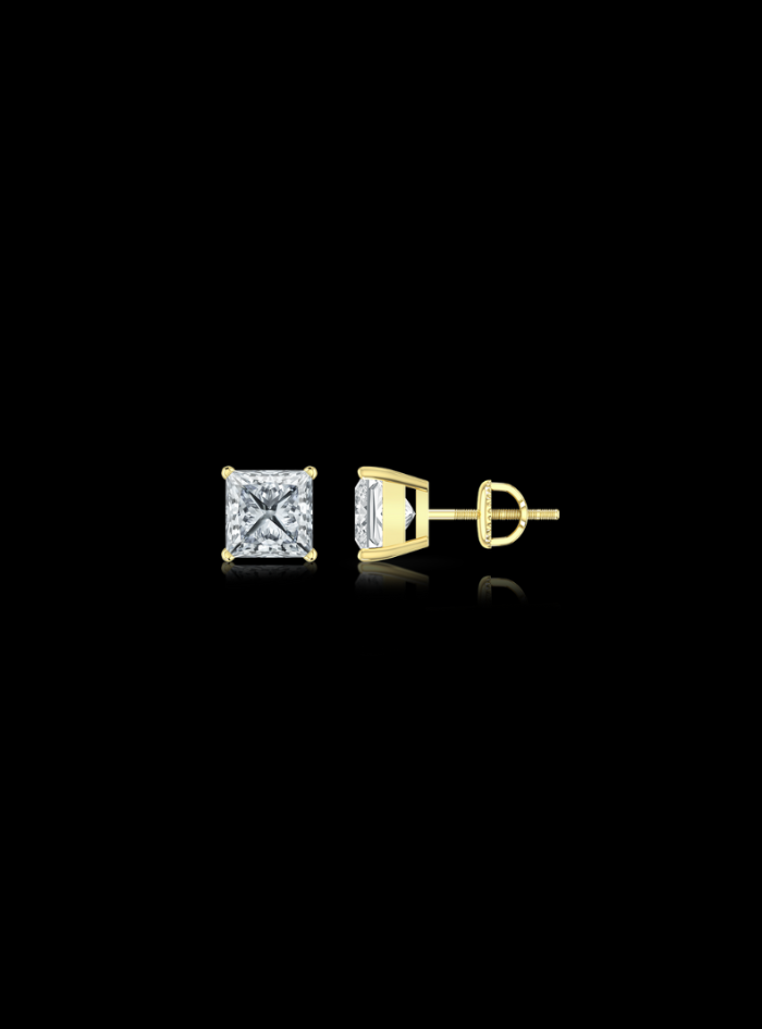 4 Prong Basket-14K Yellow Gold-Lab Grown Diamond Studs-Thread Back-Princess Cut 1.00 Ct TW